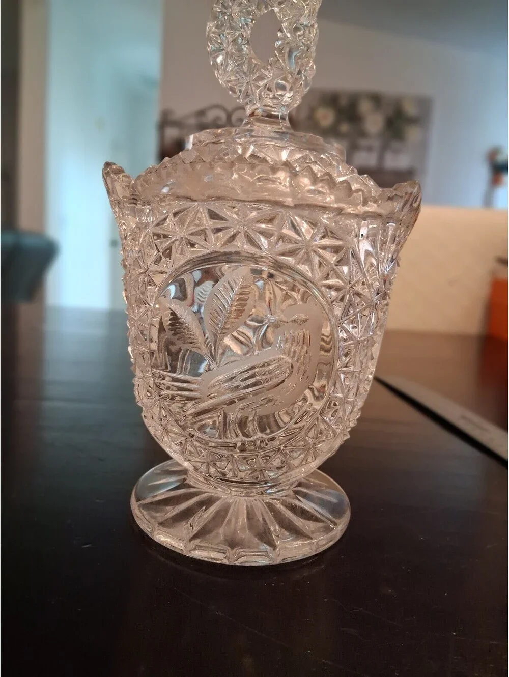 Vintage Cut Glass Covered Sugar Bowl with Bird Motif